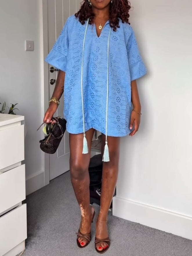 Light Blue Eyelet Knit Tunic Dress
