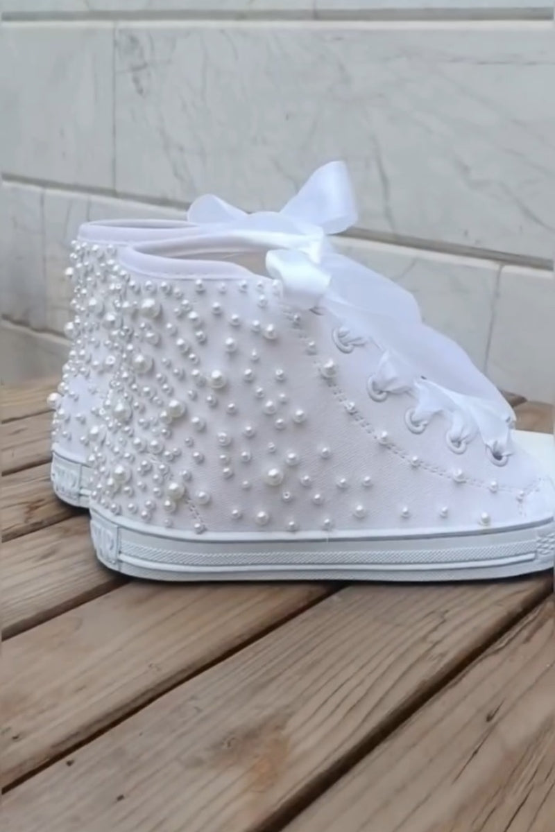 White Pearl-embellished High-Top Sneakers