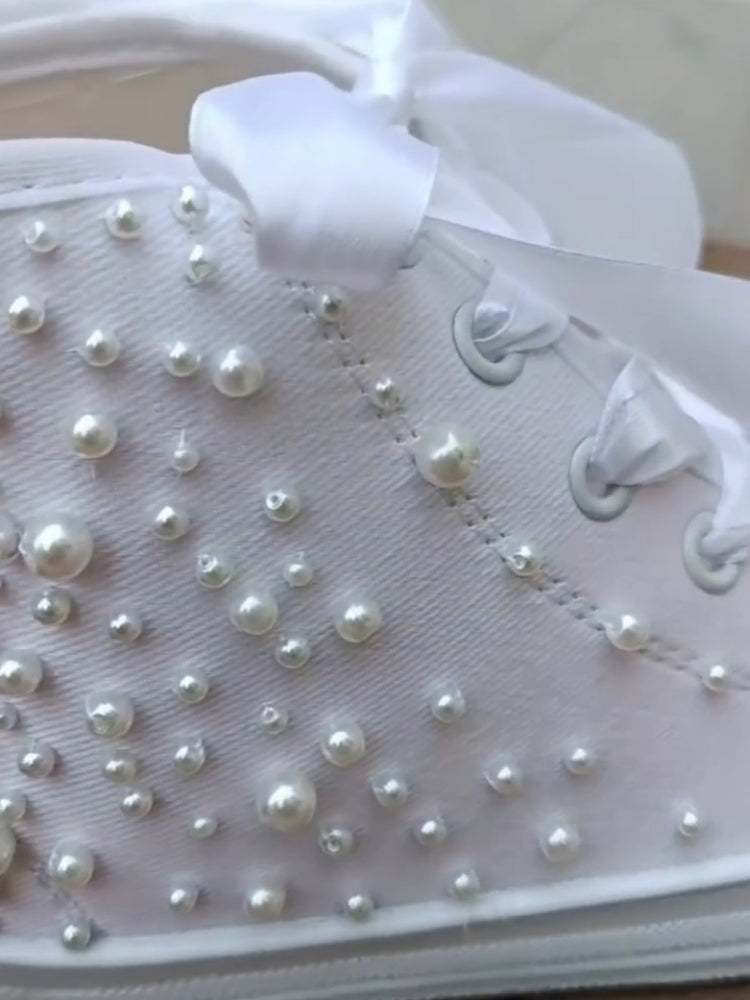 White Pearl-embellished High-Top Sneakers
