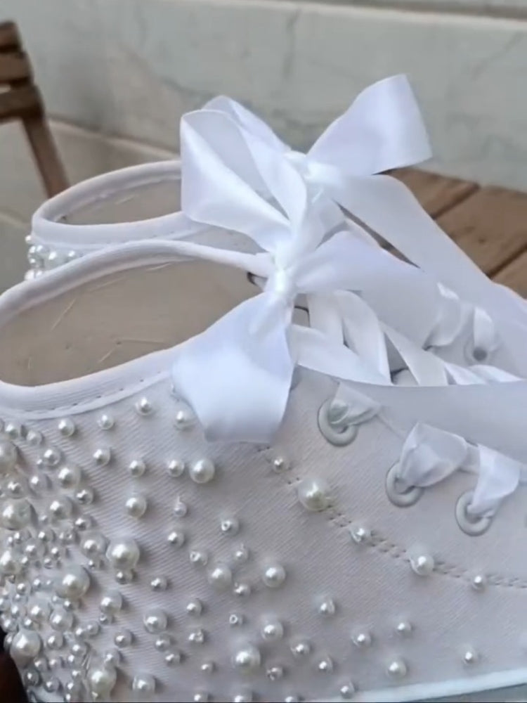 White Pearl-embellished High-Top Sneakers
