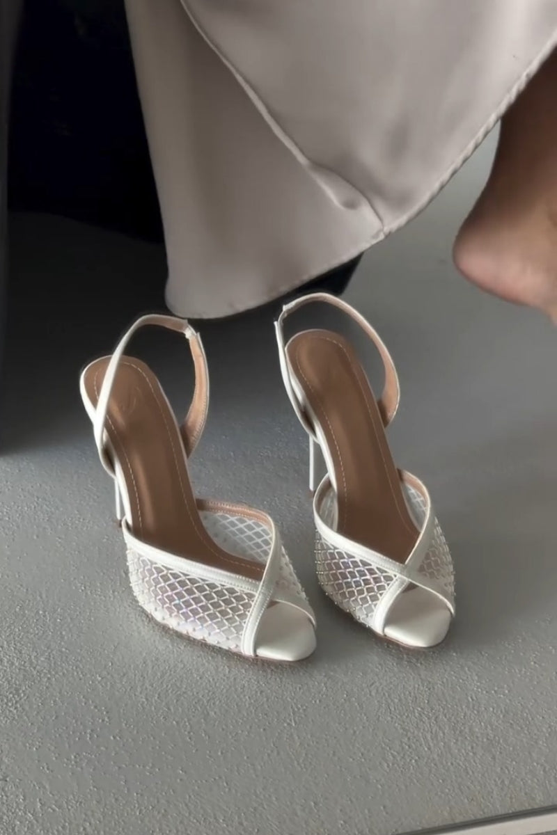 White Mesh D’Orsay-Style Open-Toe Heels