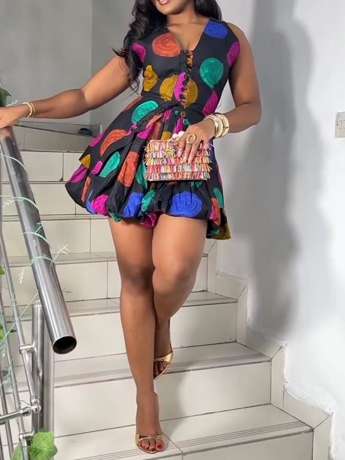 Colorful Polka-Dot Print Sleeveless Dress