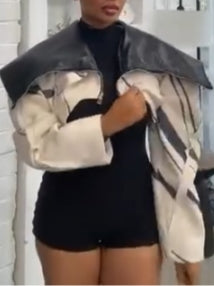 Beige And Black Patchwork Cropped Coat