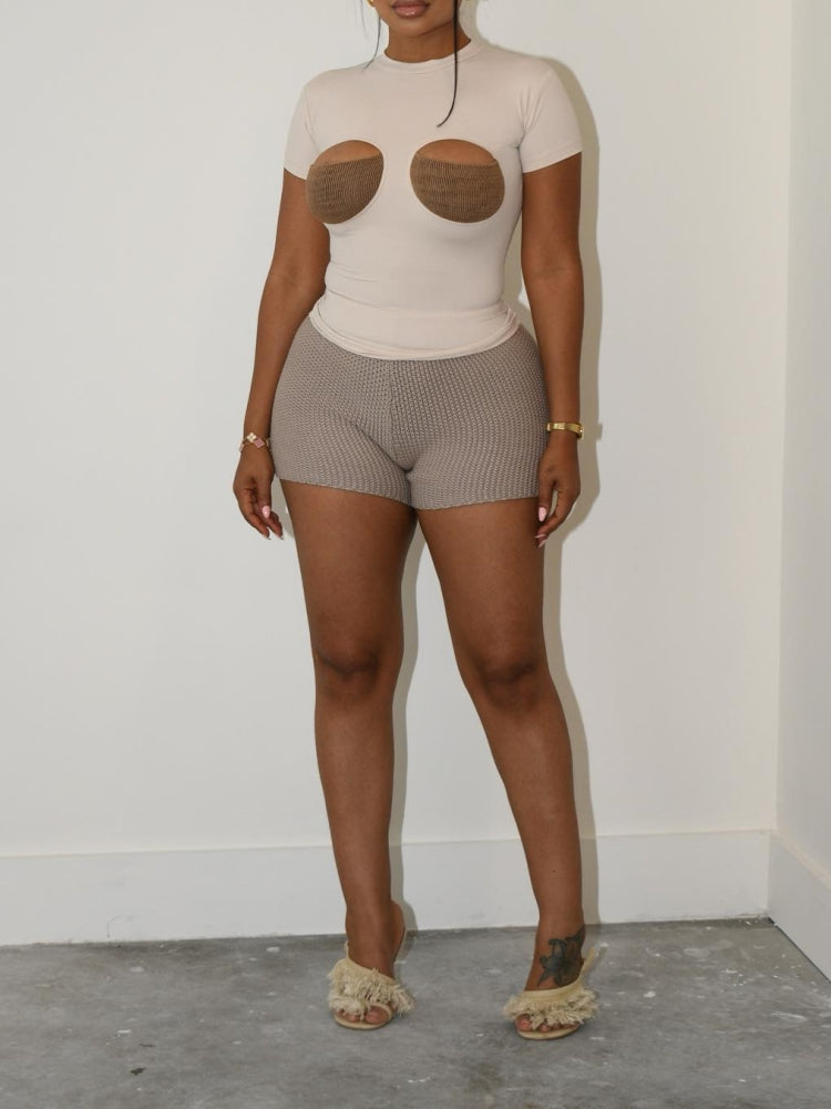 White Cut-Out Crop Top With Knit Bust Detail