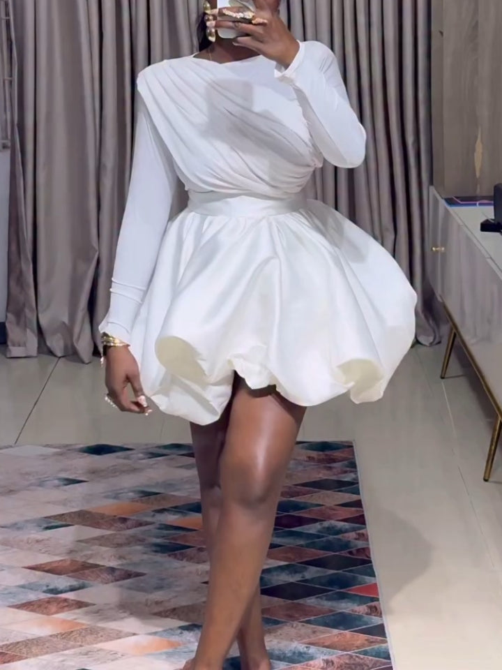 White Draped One-Shoulder Dress With Full Skirt