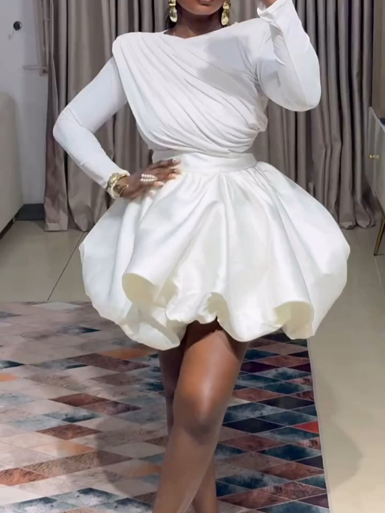 White Draped One-Shoulder Dress With Full Skirt