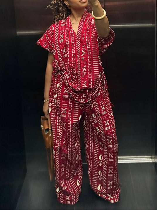 Red Geometric Print Two Pieces Set