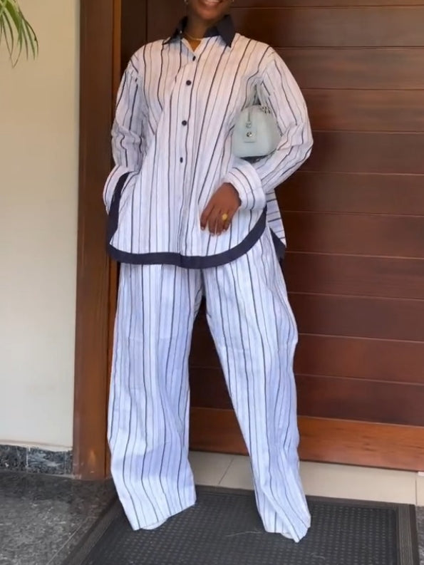 White Vertical Stripe Lofty Pajama Set