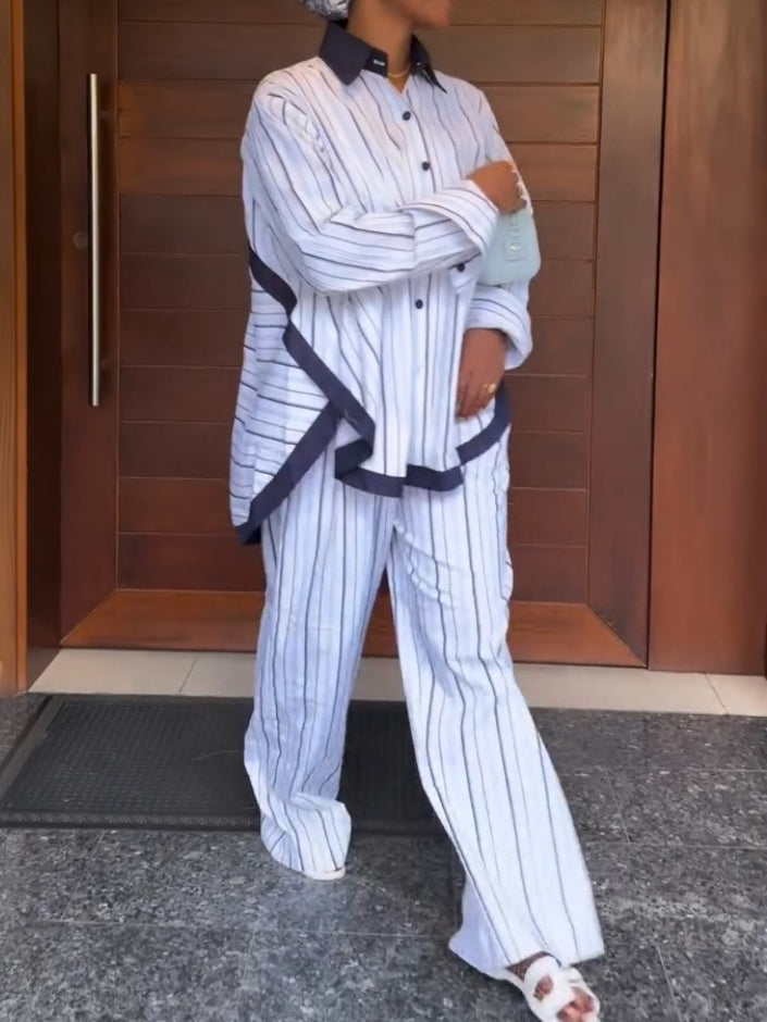 White Vertical Stripe Lofty Pajama Set