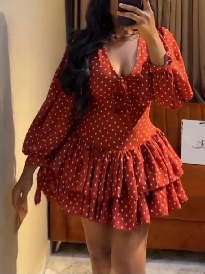 Red Polka Dot Puff-Sleeve Mini Dress