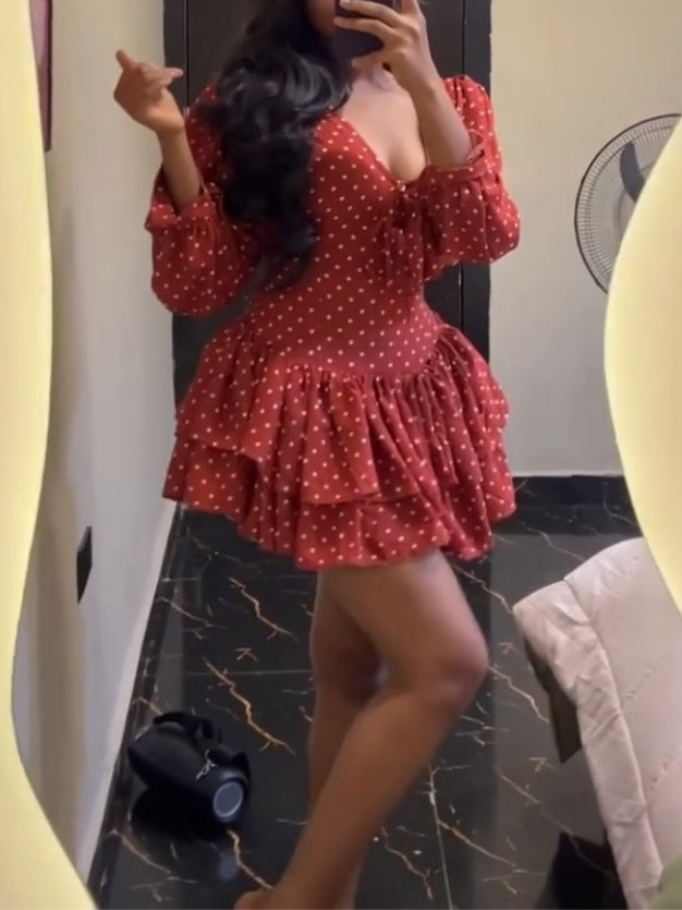Red Polka Dot Puff-Sleeve Mini Dress