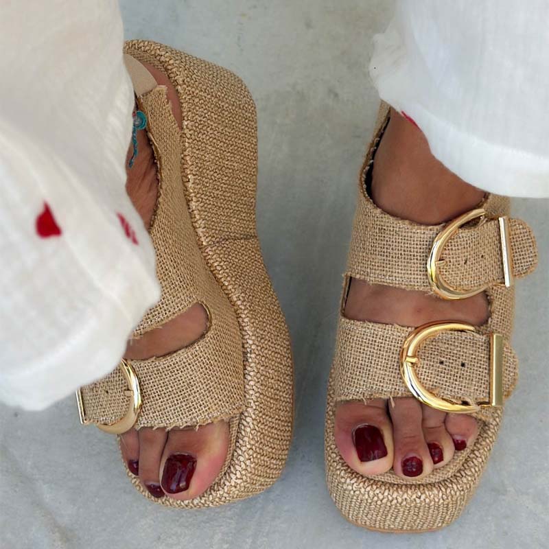 Straw Platform Wedge Sandals