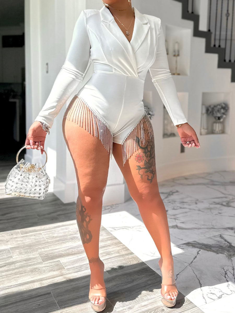 Rhinestone Fringes V-neck Stretch Romper