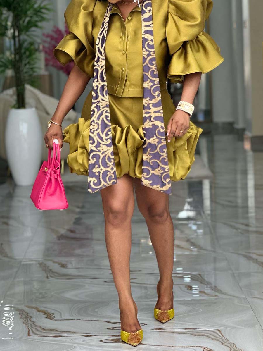 Fashion Puff Sleeve Ruffled Two Pieces Dress
