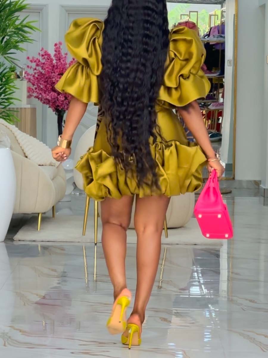 Fashion Puff Sleeve Ruffled Two Pieces Dress