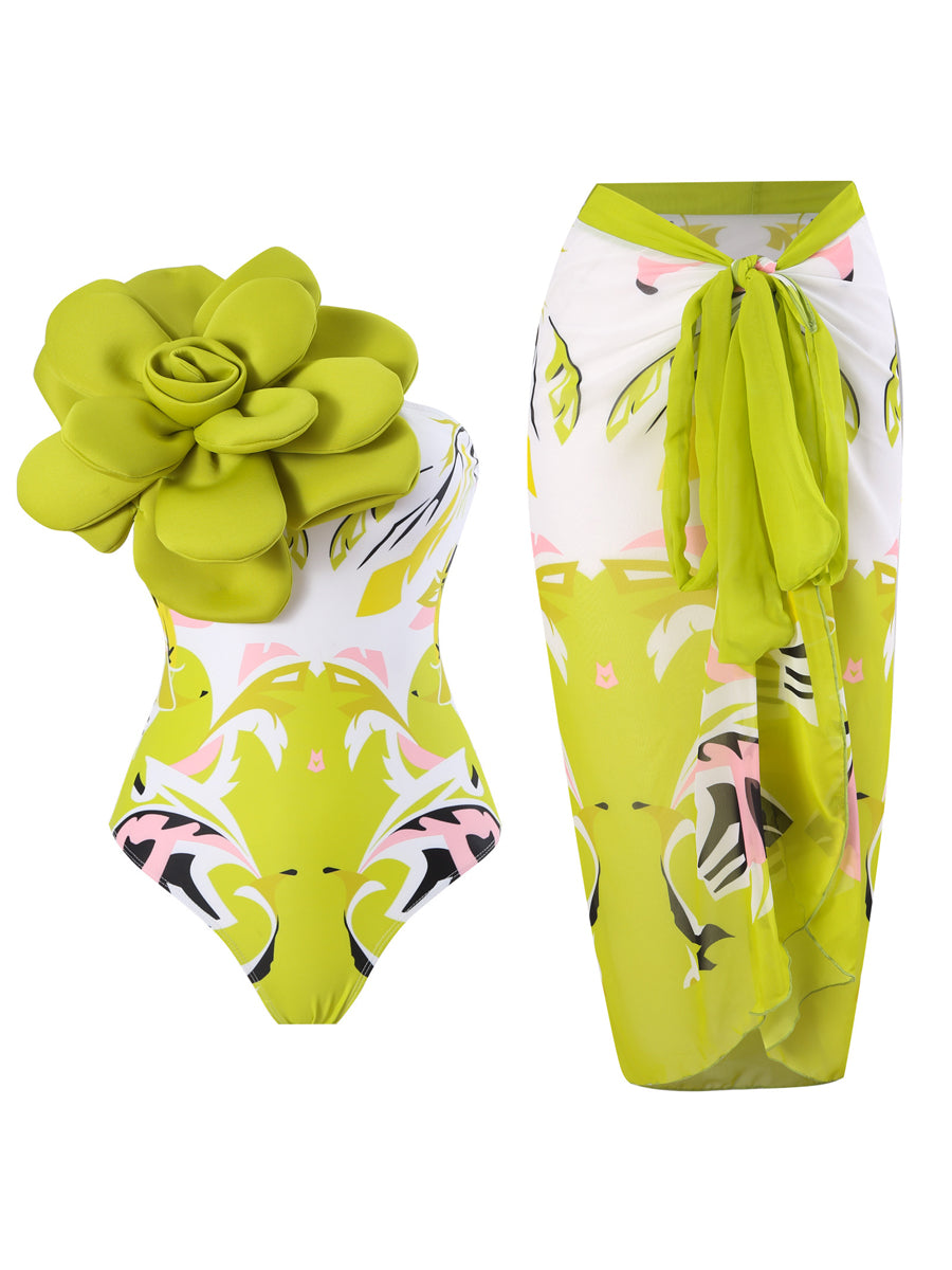 3D Flower One Piece Swimsuit With Cover Up Set