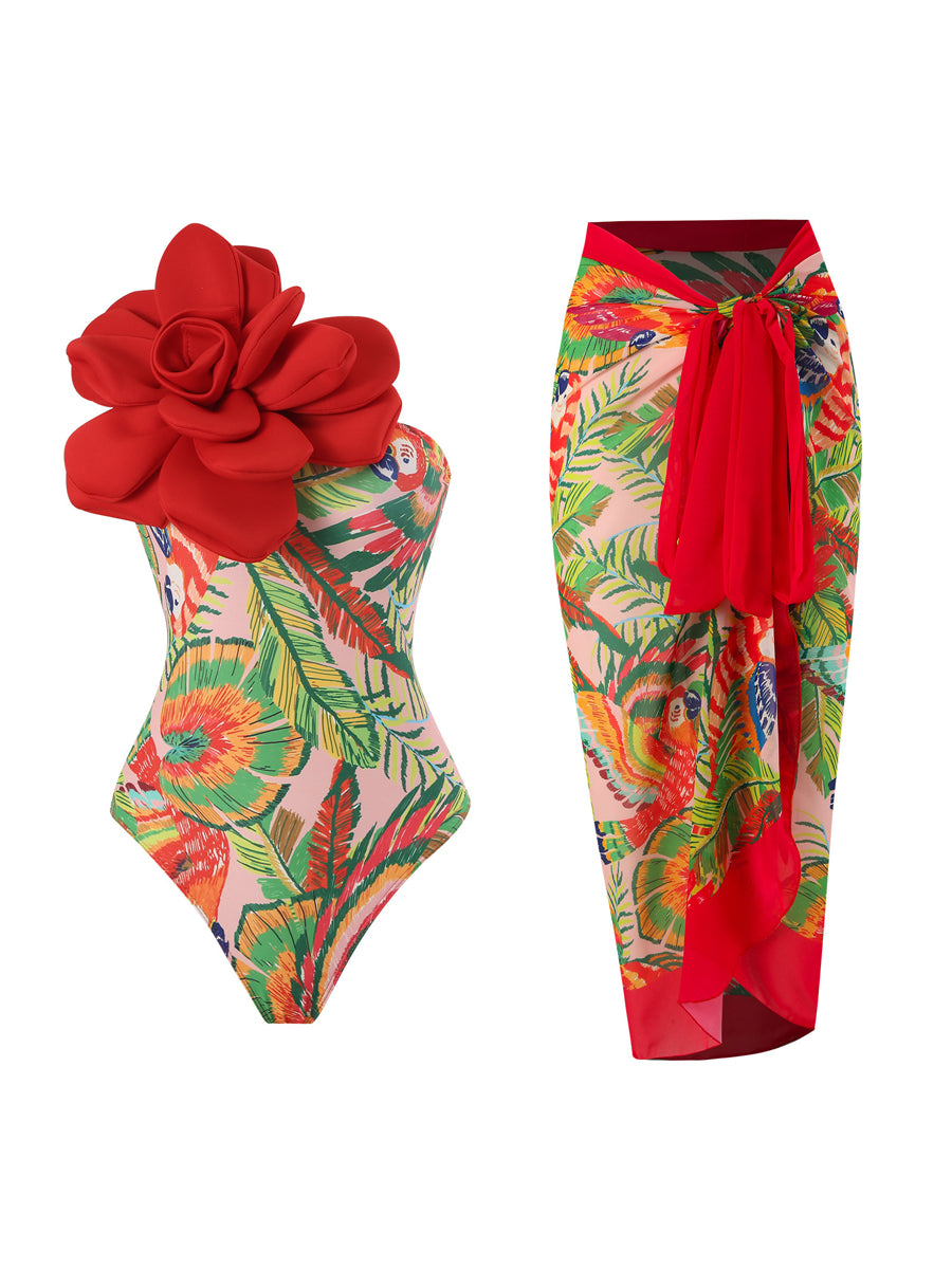3D Flower One Piece Swimsuit With Cover Up Set