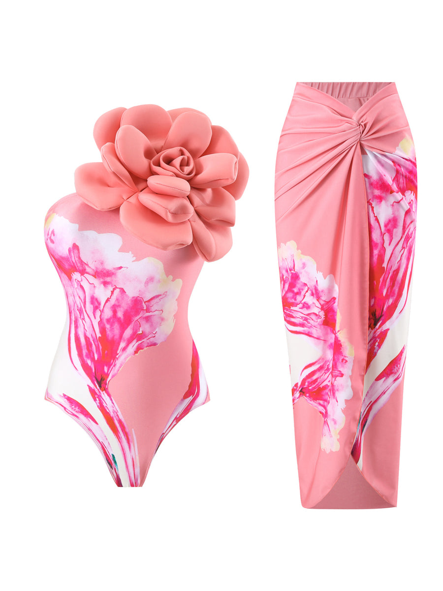 3D Flower One Piece Swimsuit With Cover Up Set