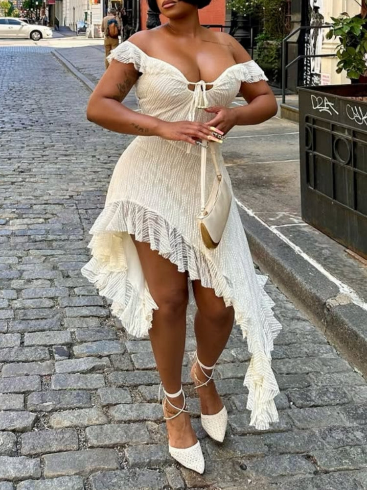 Cream Ruffled Off-Shoulder Dress