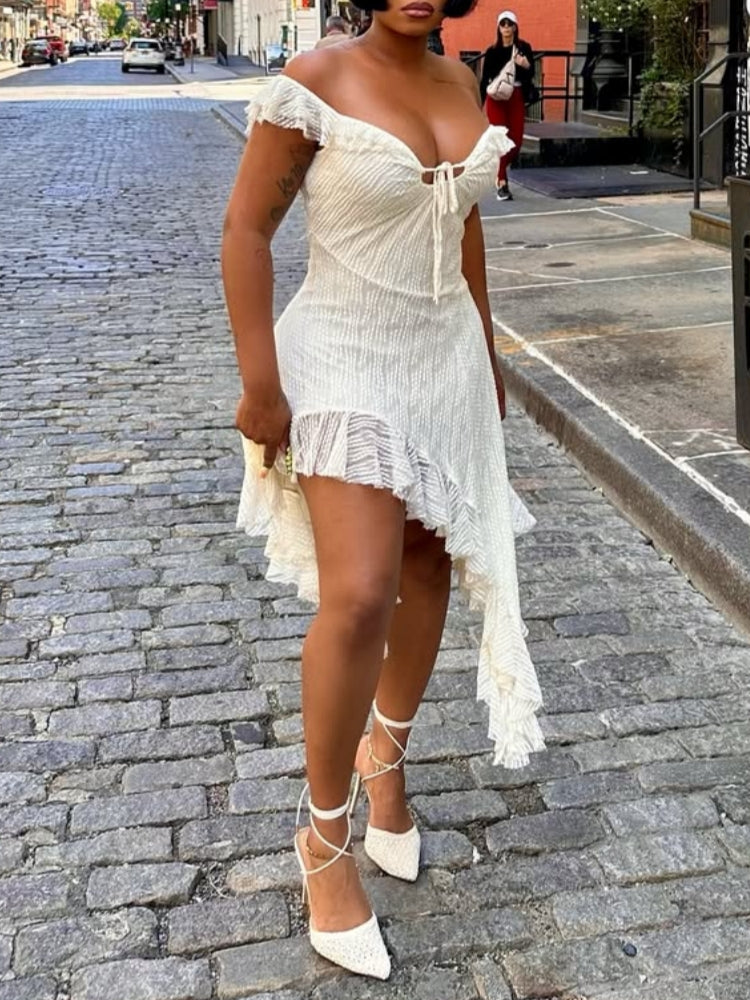 Cream Ruffled Off-Shoulder Dress