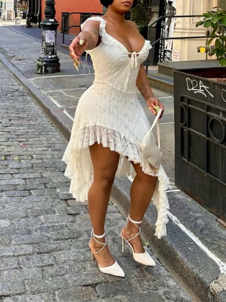 Cream Ruffled Off-Shoulder Dress