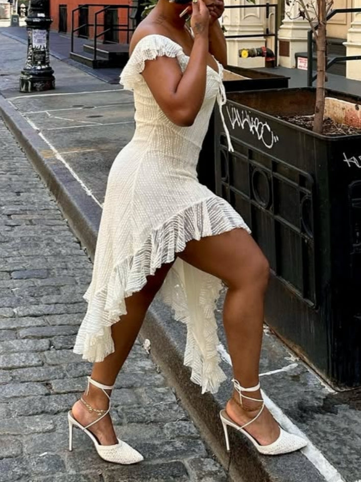 Cream Ruffled Off-Shoulder Dress
