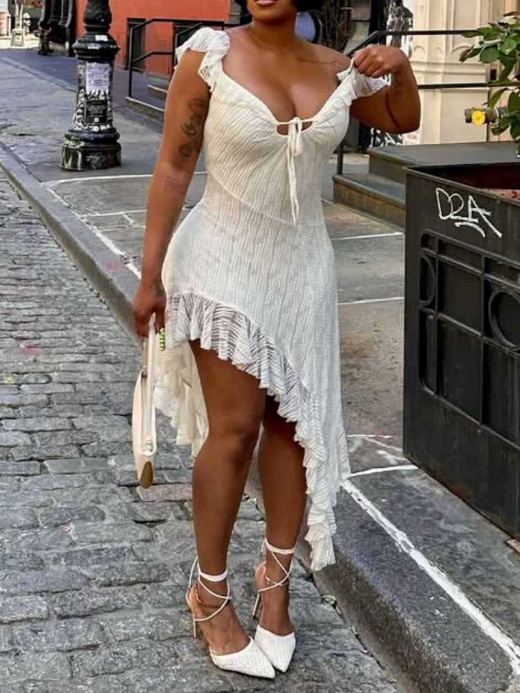 Cream Ruffled Off-Shoulder Dress