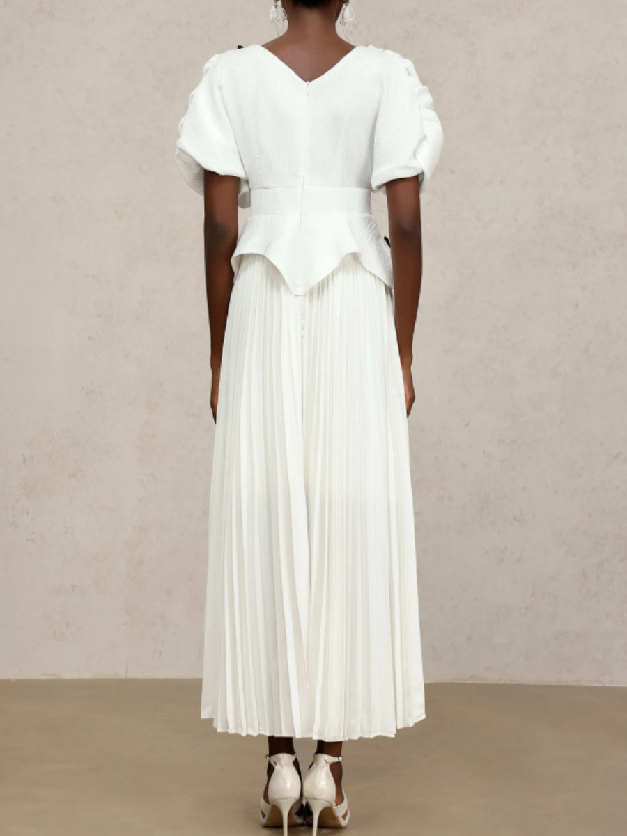 Pleated Embroidered Printed Dress