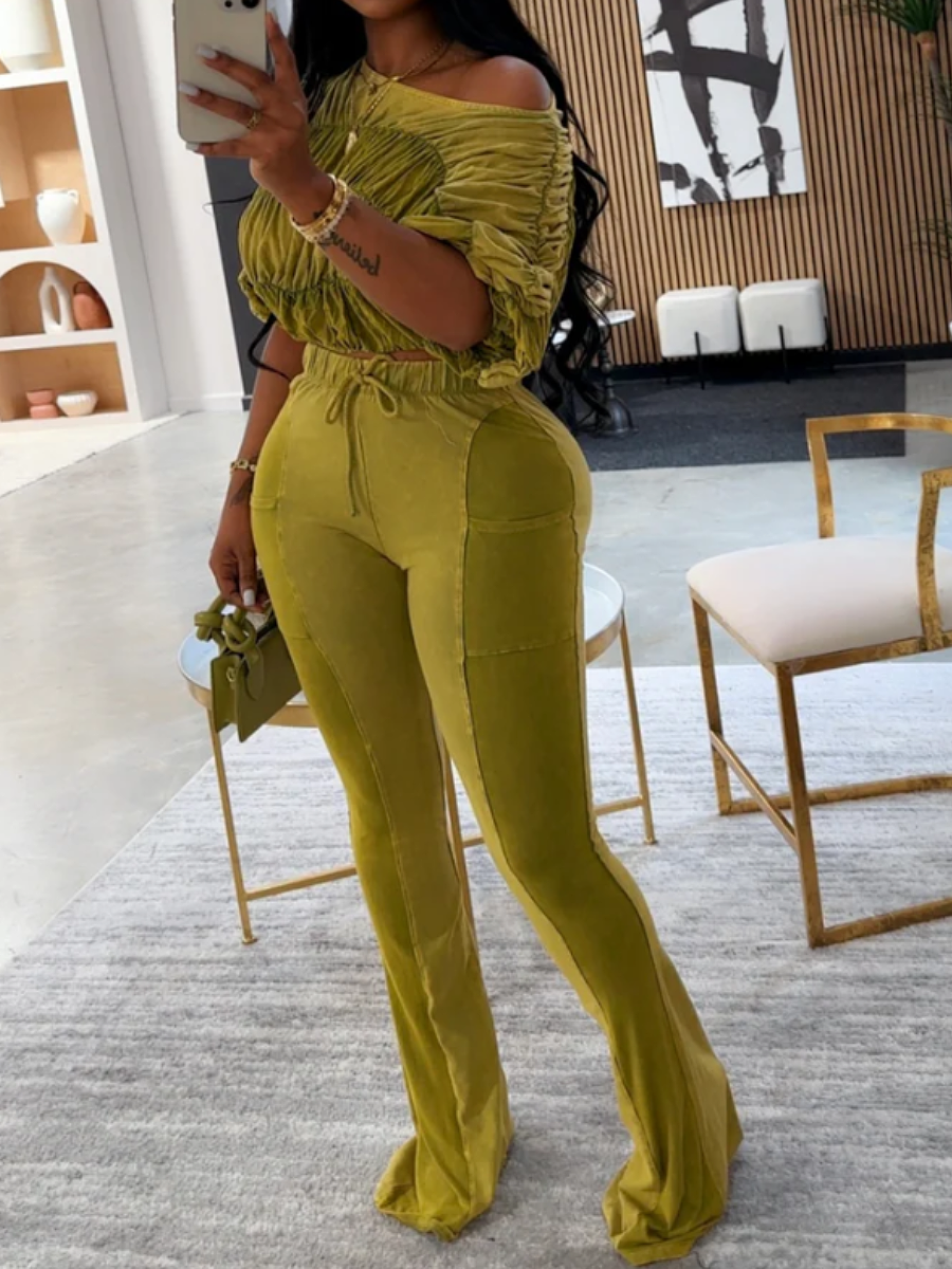 Pleated Cropped Top Flared Pants Suit