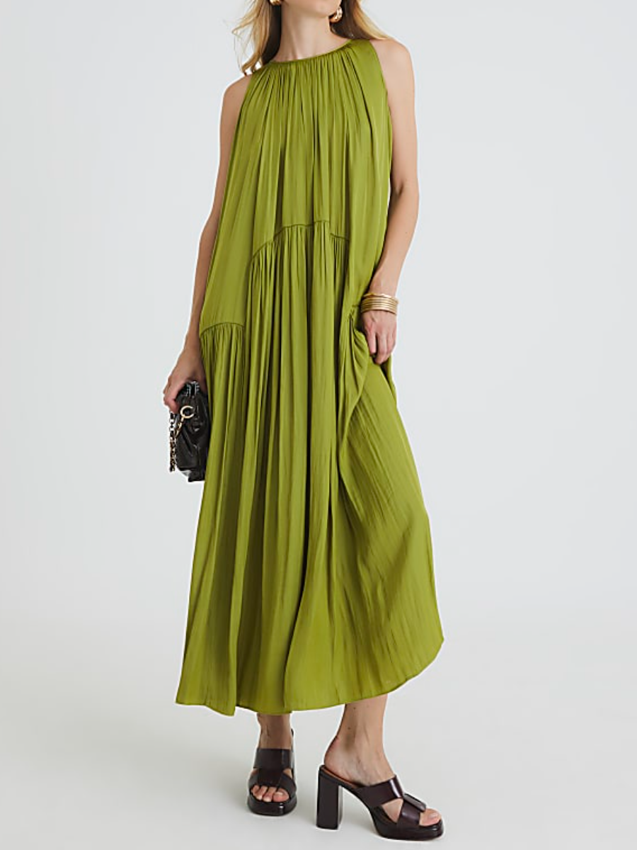 Solid Color Pleated Sleeveless Dress