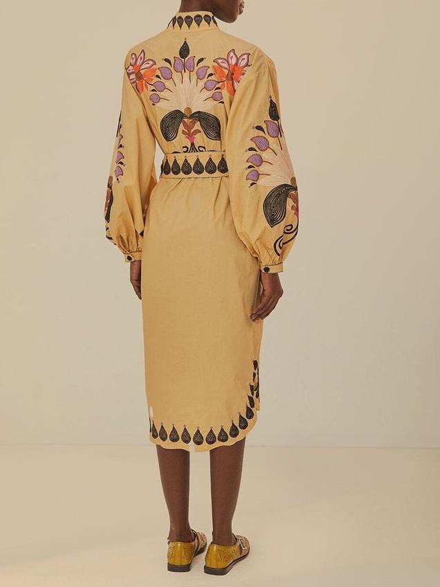 Khaki Flower Bird Embroidered Midi Dress