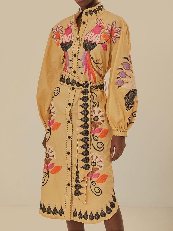 Khaki Flower Bird Embroidered Midi Dress