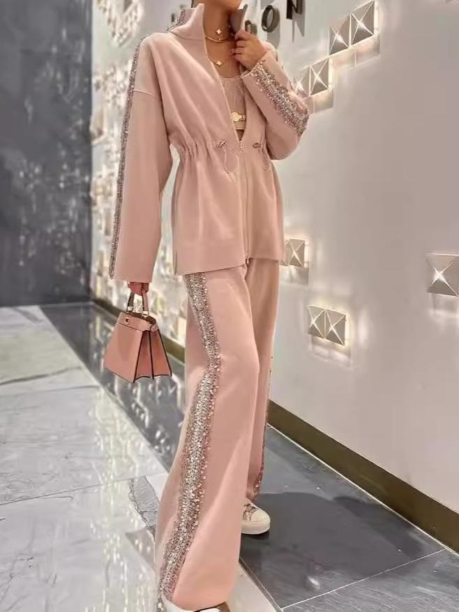 Fashionable Drawstring Waist Top And Wide-leg Trousers Two-piece Set