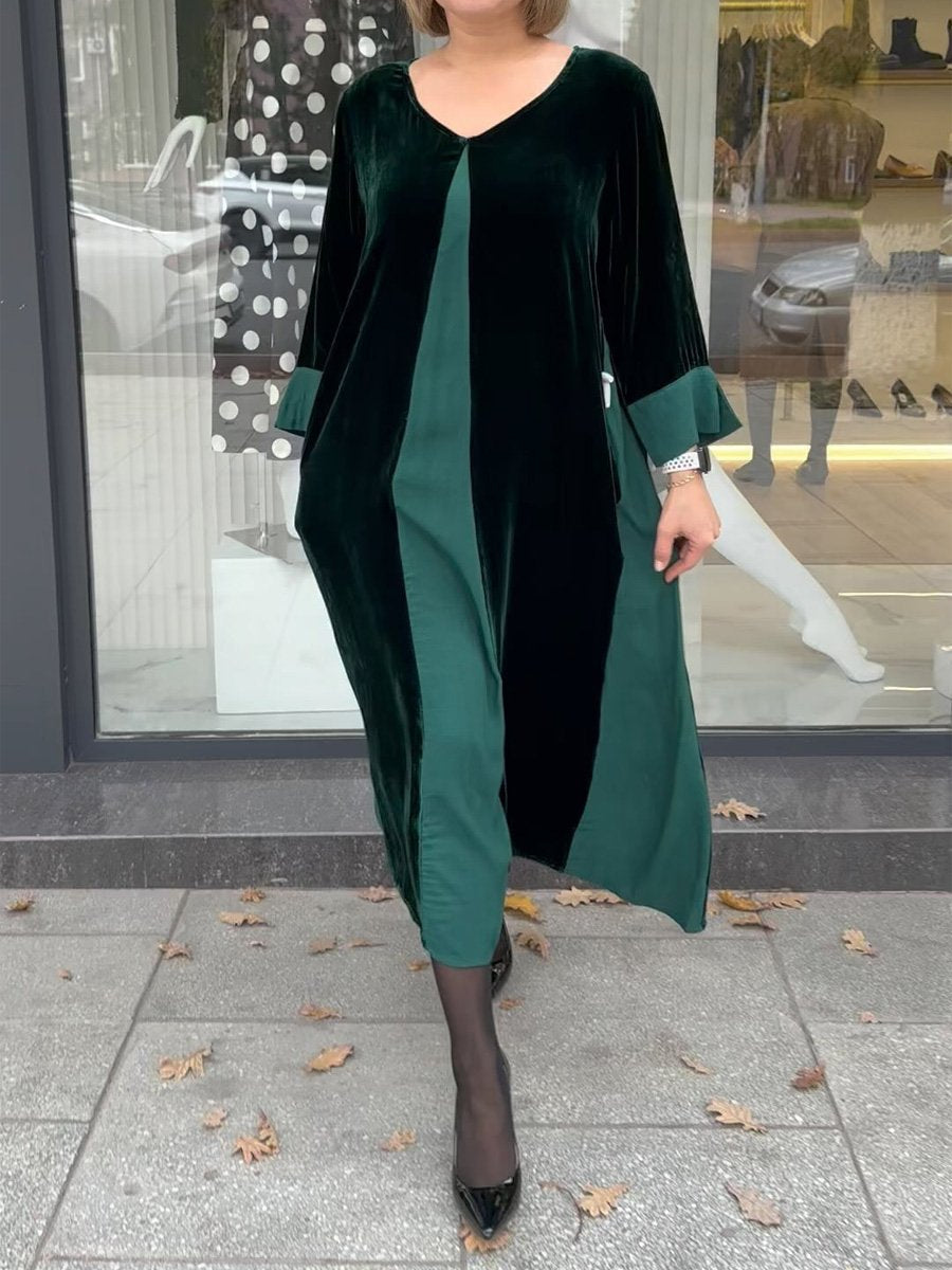 Velvet Patchwork Long SleeveMidi Dress