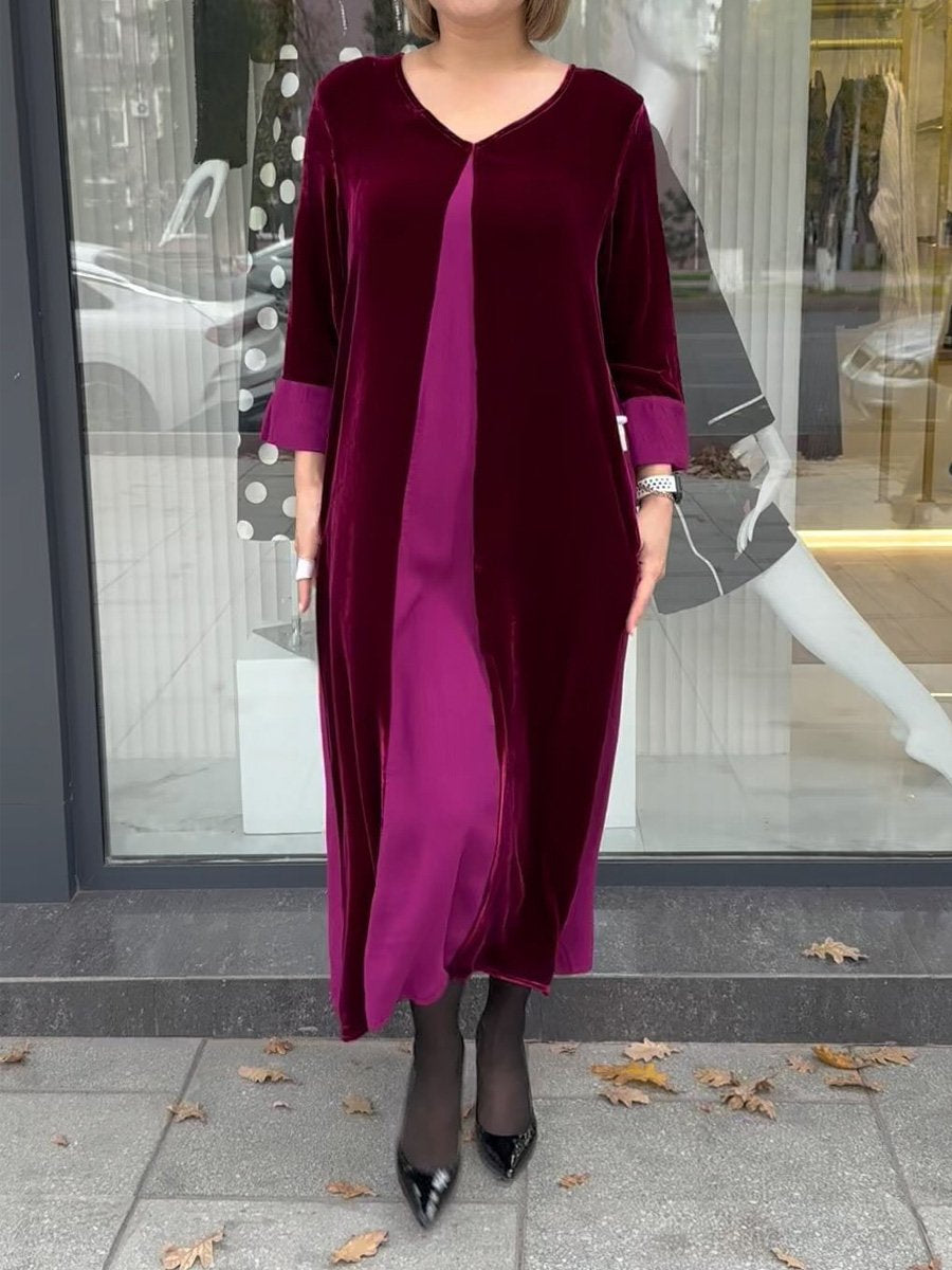 Velvet Patchwork Long SleeveMidi Dress