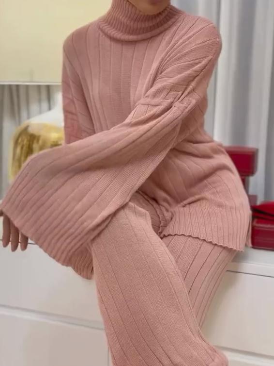 Half Turtleneck Solid Color Slim Fit Sweater And Trousers Two-piece Set