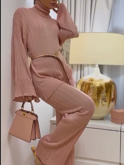 Half Turtleneck Solid Color Slim Fit Sweater And Trousers Two-piece Set