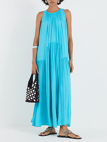Solid Color Pleated Sleeveless Dress