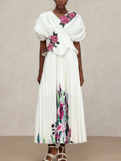 Pleated Embroidered Printed Dress