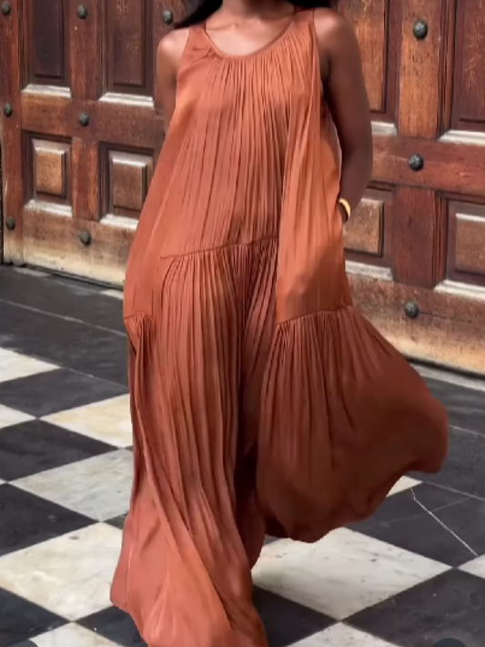 Solid Color Pleated Sleeveless Dress