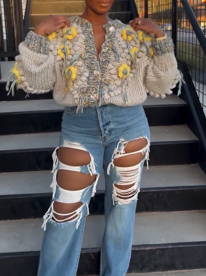 Yellow Flower Knit Top