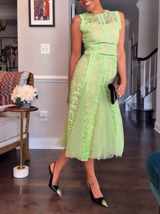 Green Sleeveless Lace Midi Dress