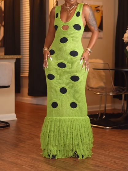 Black Dot Green Fringed Hip Skirt