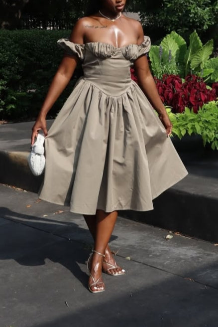 Grey Off-Shoulder Full-Circle Midi Dress
