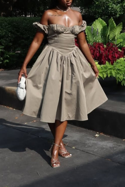 Grey Off-Shoulder Full-Circle Midi Dress
