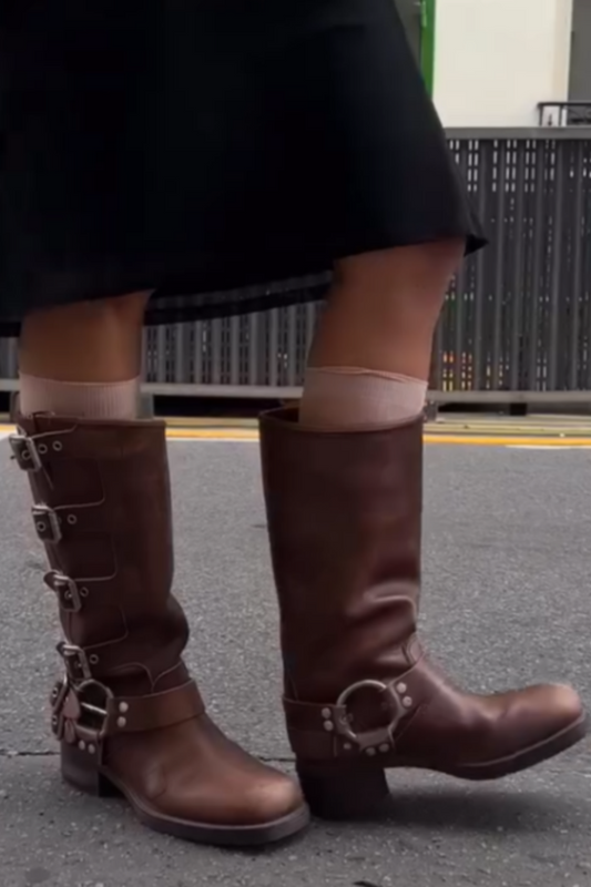 Brown Buckle Details Combat Boots