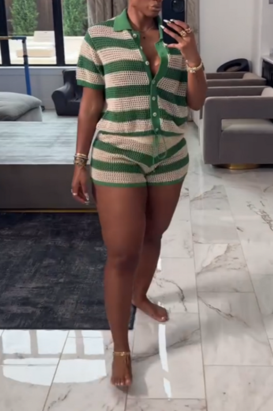 Green And Beige Striped Knitted Two-Piece Set