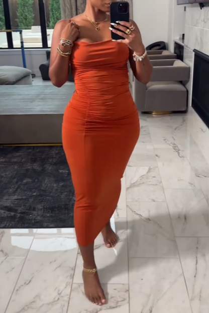Orange Ruched Sleeveless Bodycon Midi Dress