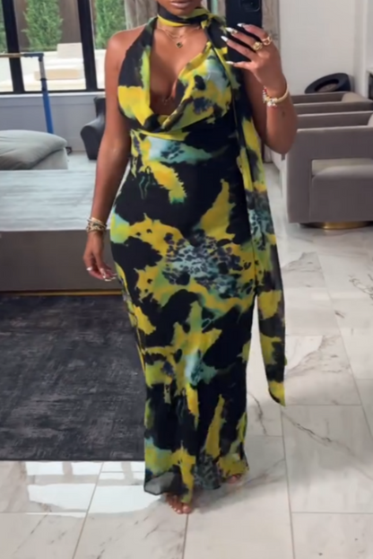 Abstract Pattern Sleeveless Tie-Front Midi Dress