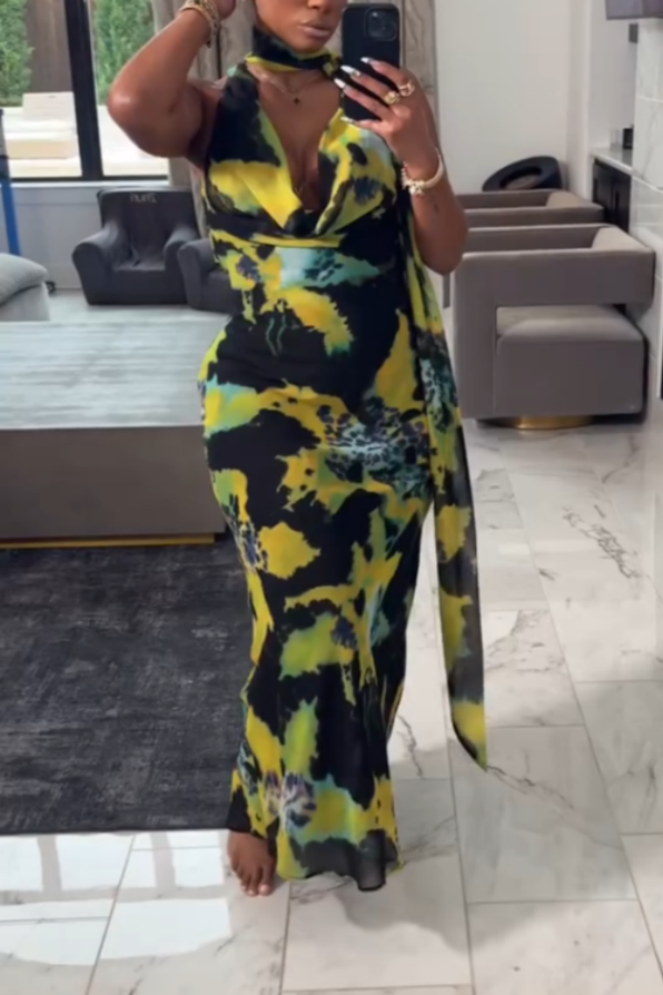 Abstract Pattern Sleeveless Tie-Front Midi Dress